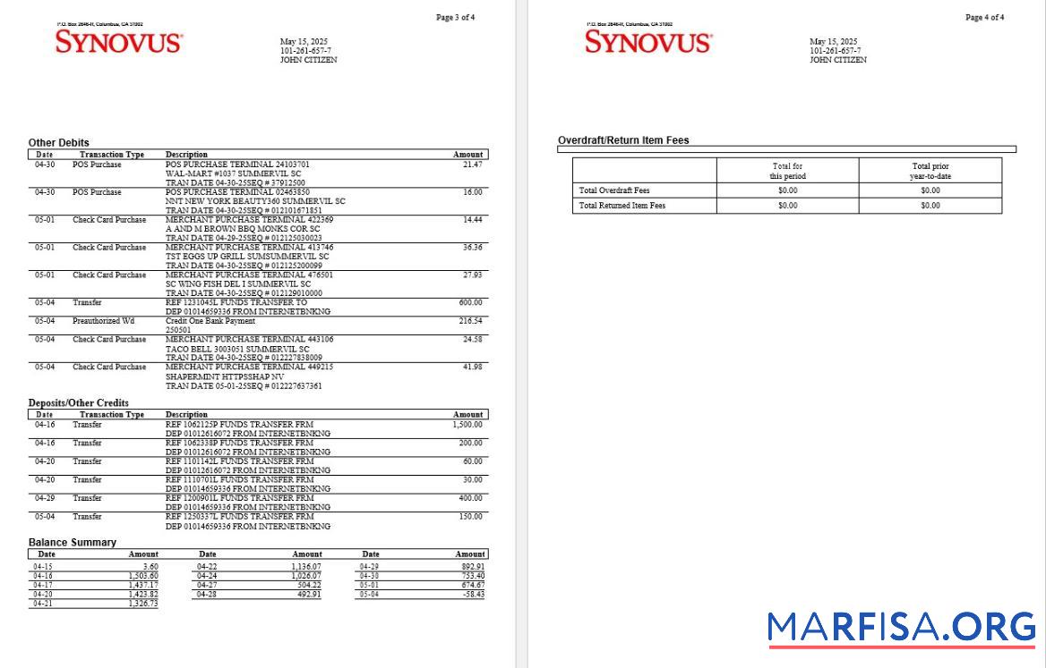 Realistic USA Synovus bank statement word 4 pages 2 template